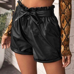 Paperbag Waist PU Leather Belted Black Leather Shorts - Size Small